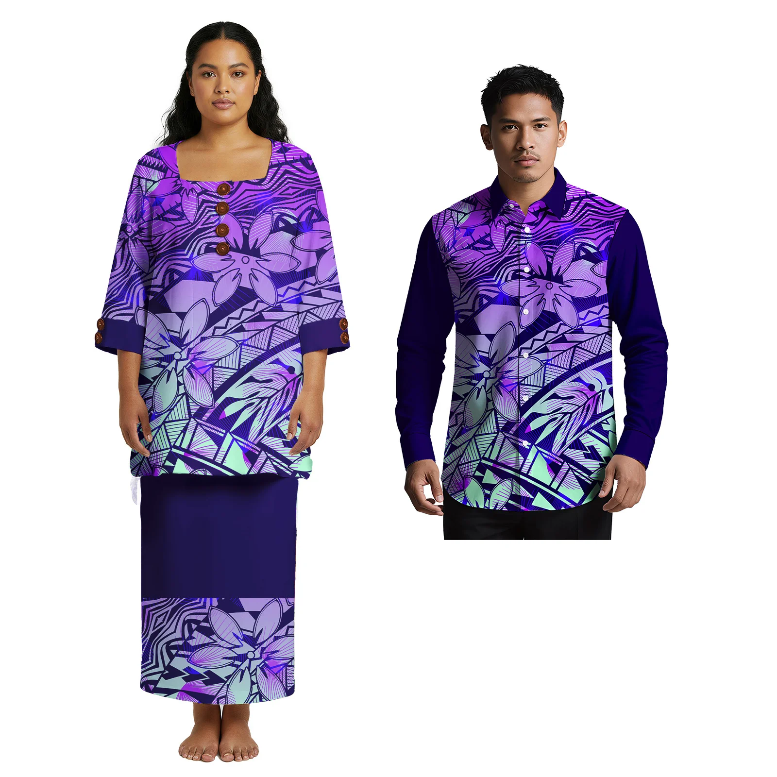 مريحة مخصص 2 قطعة مجموعة الملابس هاواي النساء Puletasi 2 قطعة فستان ساموا الرجال ألوها قميص بولينيزيا أنيقة زوجين دعوى