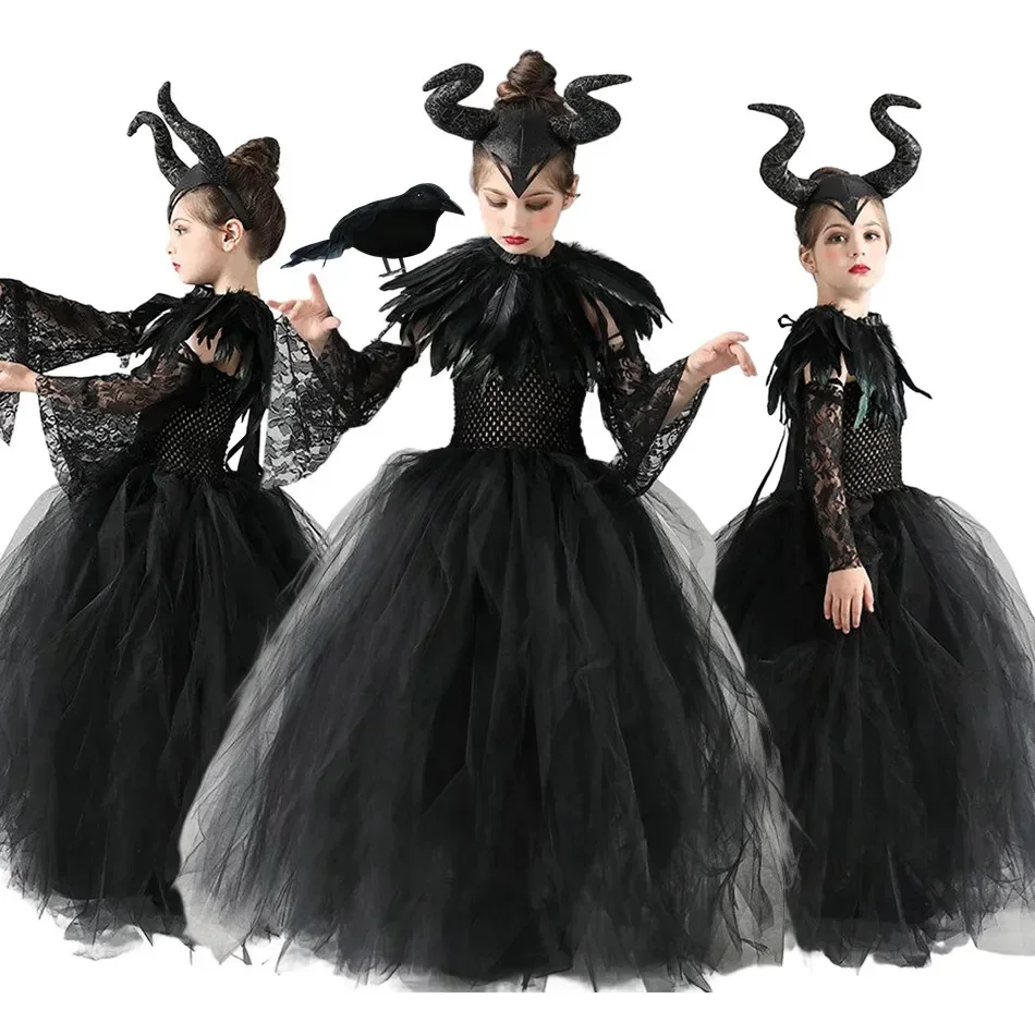 

Halloween Costume Maleficent Tutu Dress For Girls Cosplay Evil Queen Black Mesh Princess Dress Kids Crow Wand Maleficent
