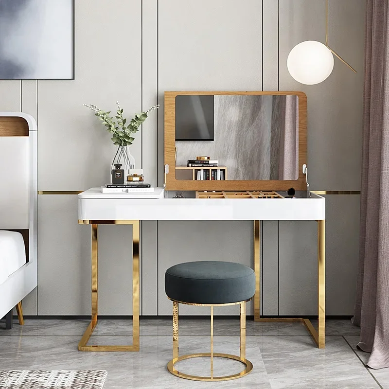 

#High Gloss Gold Stainless Steel Frame Modern Bedroom Furniture Girl Dressing Table With Mirror