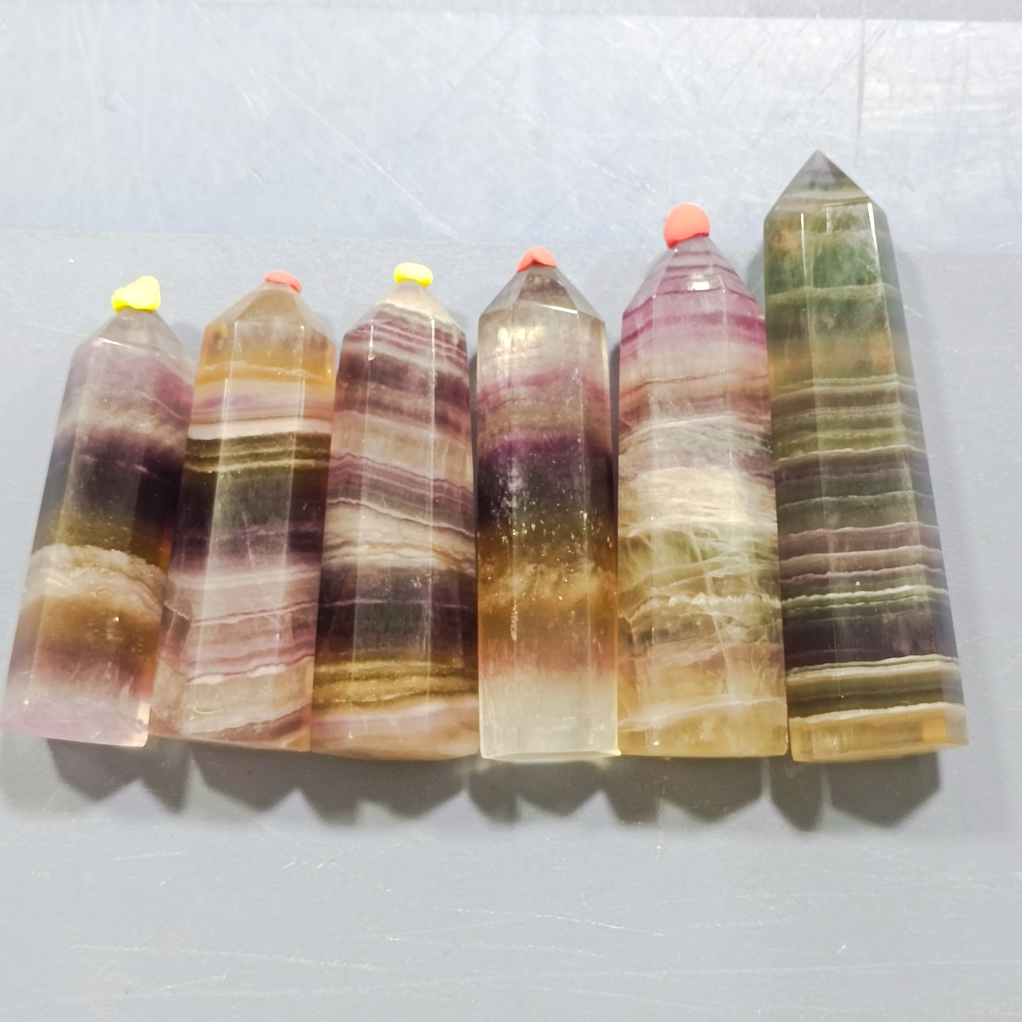 Natural crystals wand high-quality hexagonal Multicolored Fluorite Crystal Pillar mineral healing reiki home decoration gift