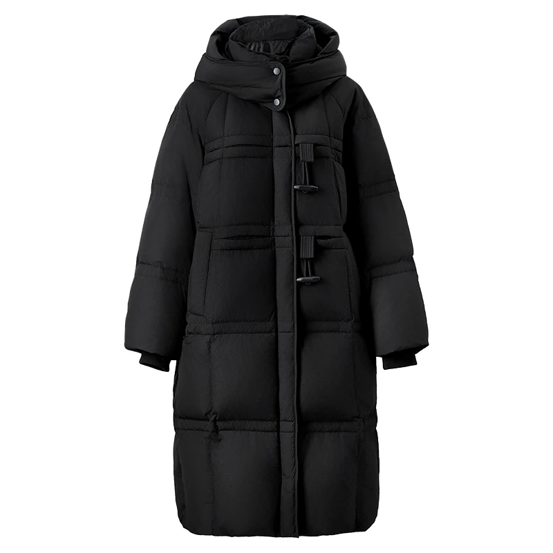SENTUBILA フード付きダウンジャケット レディース 2025 冬 ルーズフィット ロングダウンコート ソリッド カジュアル シンプル 通勤 女性 アウター W44Y56083