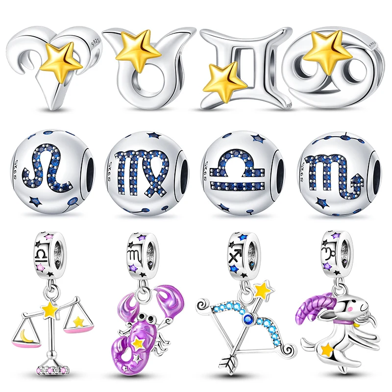 

925 Sterling Silver 3 Types of Twelve Zodiac Charm Series Beads for Original 3mm 925 Bracelet DIY Making Women Jewelry Gifts