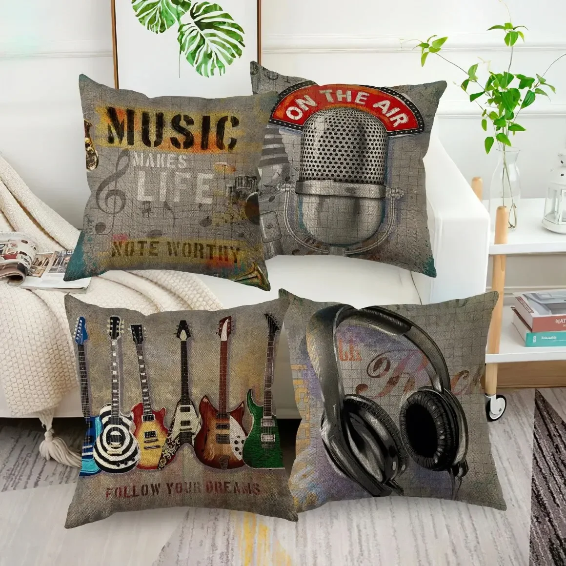 Music Style Throw Pillow Cover Guitar Microphone Headphone Theme Decorative Square Linen Cushion Cover 18X18 Inch One Sides