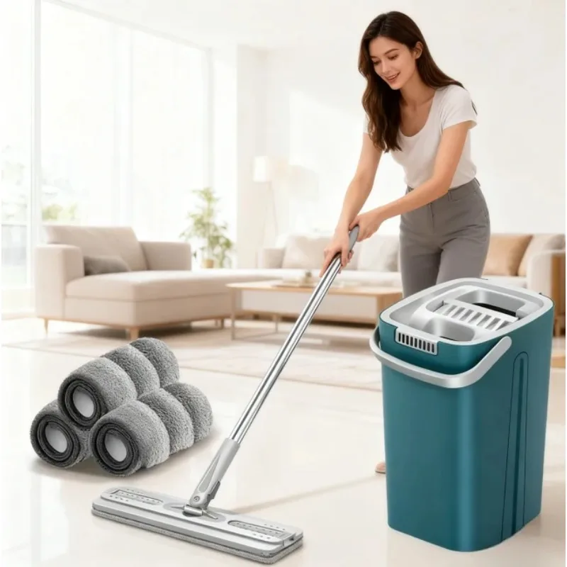 Hands-free flat mop bucket, adjustable for wet and dry use, suitable for home kitchens and daily household cleaning