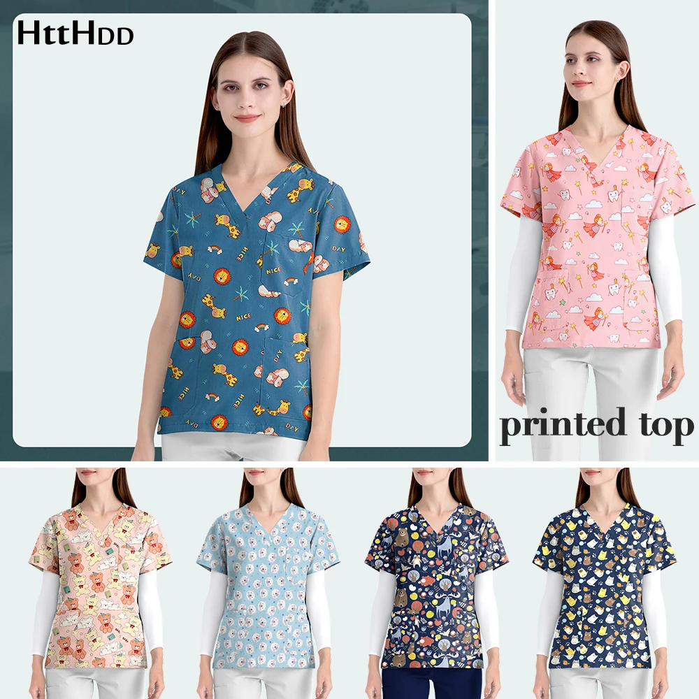 

Hot Selling Multi-color Cartoon Printed Nurse Uniform Cotton Medical Scrub Tops Beautician Manicurist Uniform Dental Scrub Women
