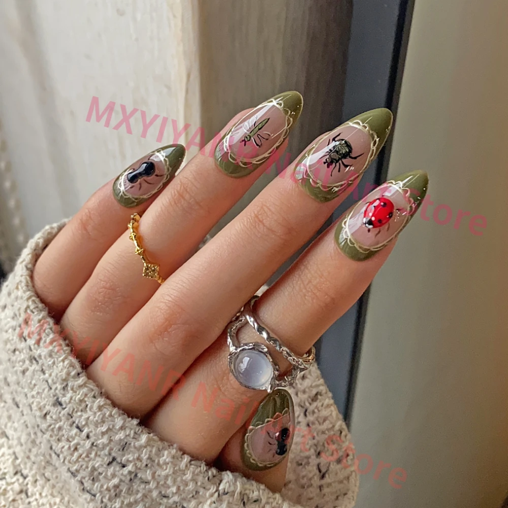 Press On Nails Cute Style Handmade Hot INS Y2K 3D French Green Medium Almond Fake Nails Reusable Full Coverage Art DIY Nails