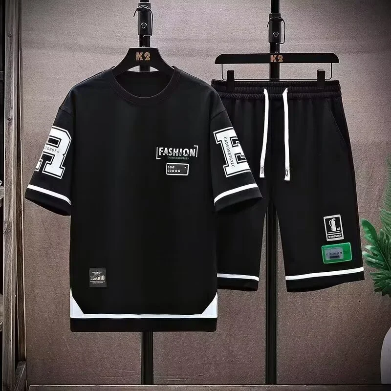 

Summer Casual Short Sleeved Set Trendy Loose Five Inch T-shirt Plus Size Men's Outfit Complete Set with Matching
