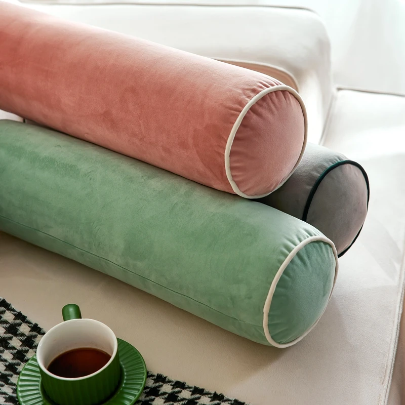 Solid Velvet Bolster Pillow With Corded Edge Removable Cover Cylindrical Neck Roll Pillow 17.5x56cm For Bed Sofa Home Decoration