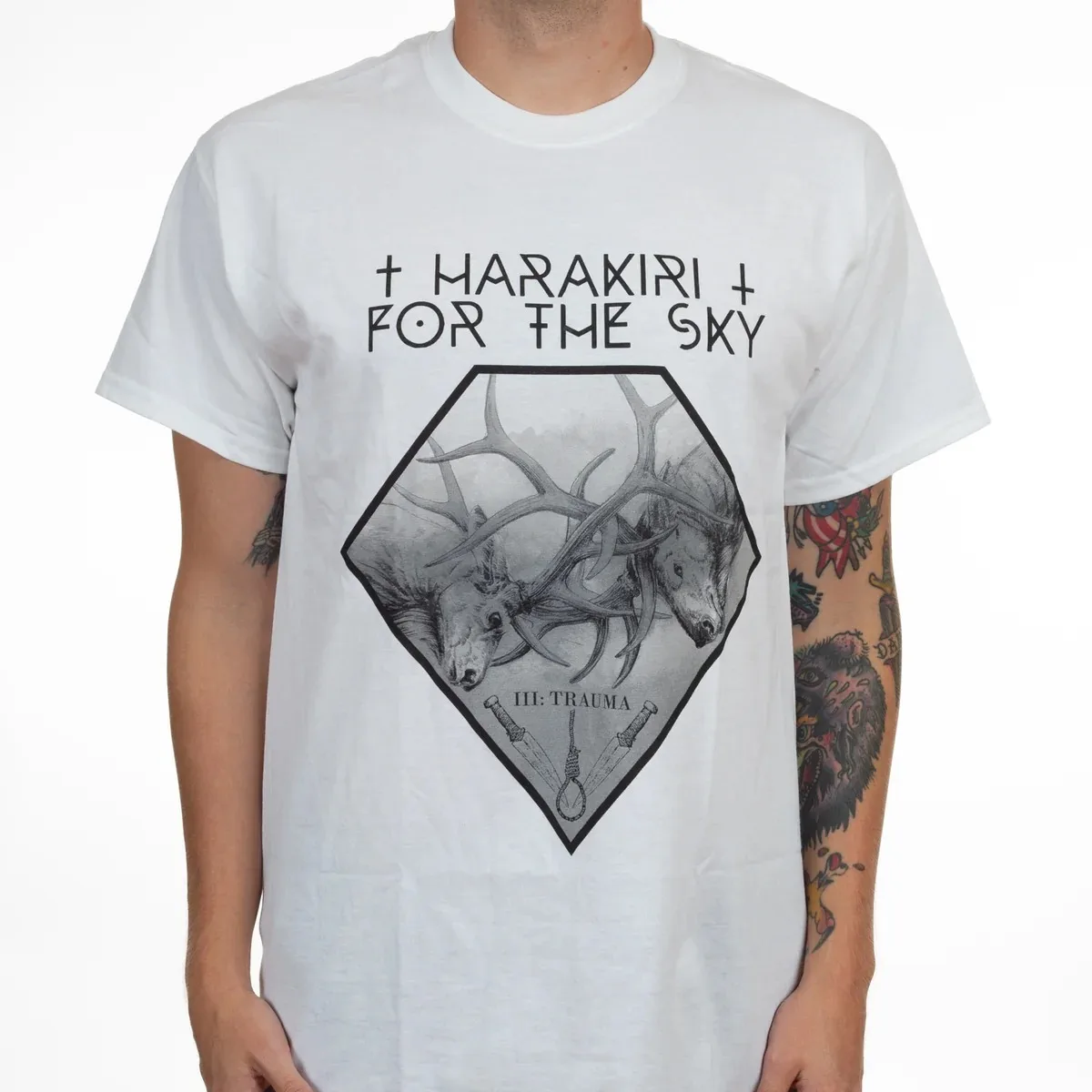 Dual Deer Head Dagger Noose Album Print Harakiri for The Sky T Shirt, Post Black Metal Band III Trauma Fan