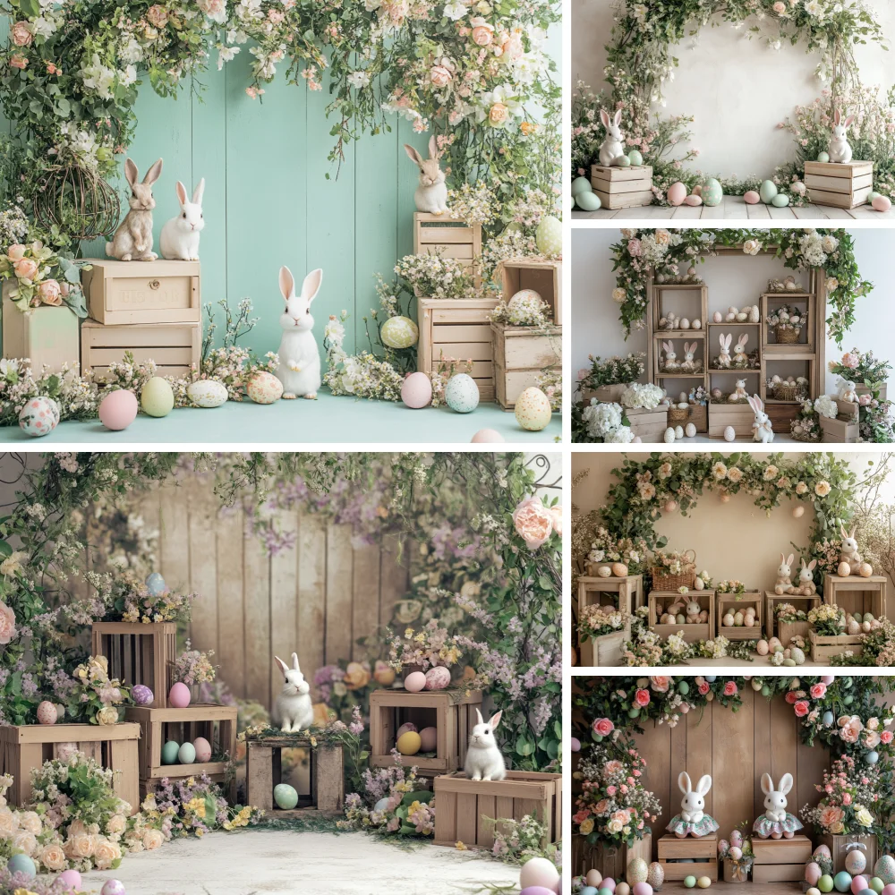 

Spring Easter Flower Photography Background Easter Rabbit Colorful Egg Wood Floor Photo Backdrop Baby Kids Easter Party Banner