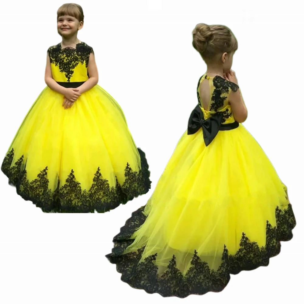 Elegante abito da ragazza di fiori giallo gonfio tulle pizzo stampa abito da ballo senza maniche principessa festa di nozze abiti da prima comunione