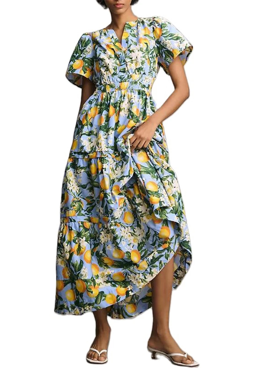 Women Boho Maxi Dress Floral Print Short Sleeve V Neck Ruffle Hem A-Line Tiered Flowy Dress Casual Beach Sundress with Pocket