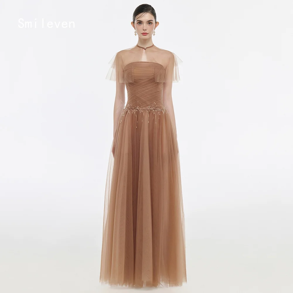 Smileven فستان فاخر على شكل حرف A للحفلات الراقصة الوهم بدون حمالات فساتين سهرة غير منتظمة طيات مناسبة أثيرية مخصصة 2026