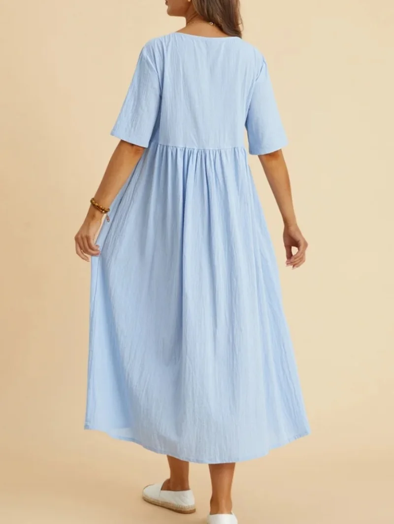 Europe and the United States Summer New Cotton and Linen Dress Plus Size Women's Loose Round Neck Five-point Sleeve Long Dress