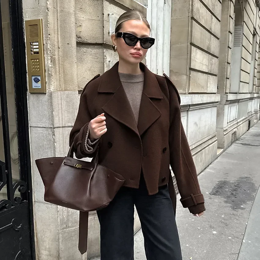 Classic Lapel Double Breasted Belt Waist Wool Outerwear Womens  Autumn Winter Long Sleeve Short All-Match Trendy Daily Outerwear