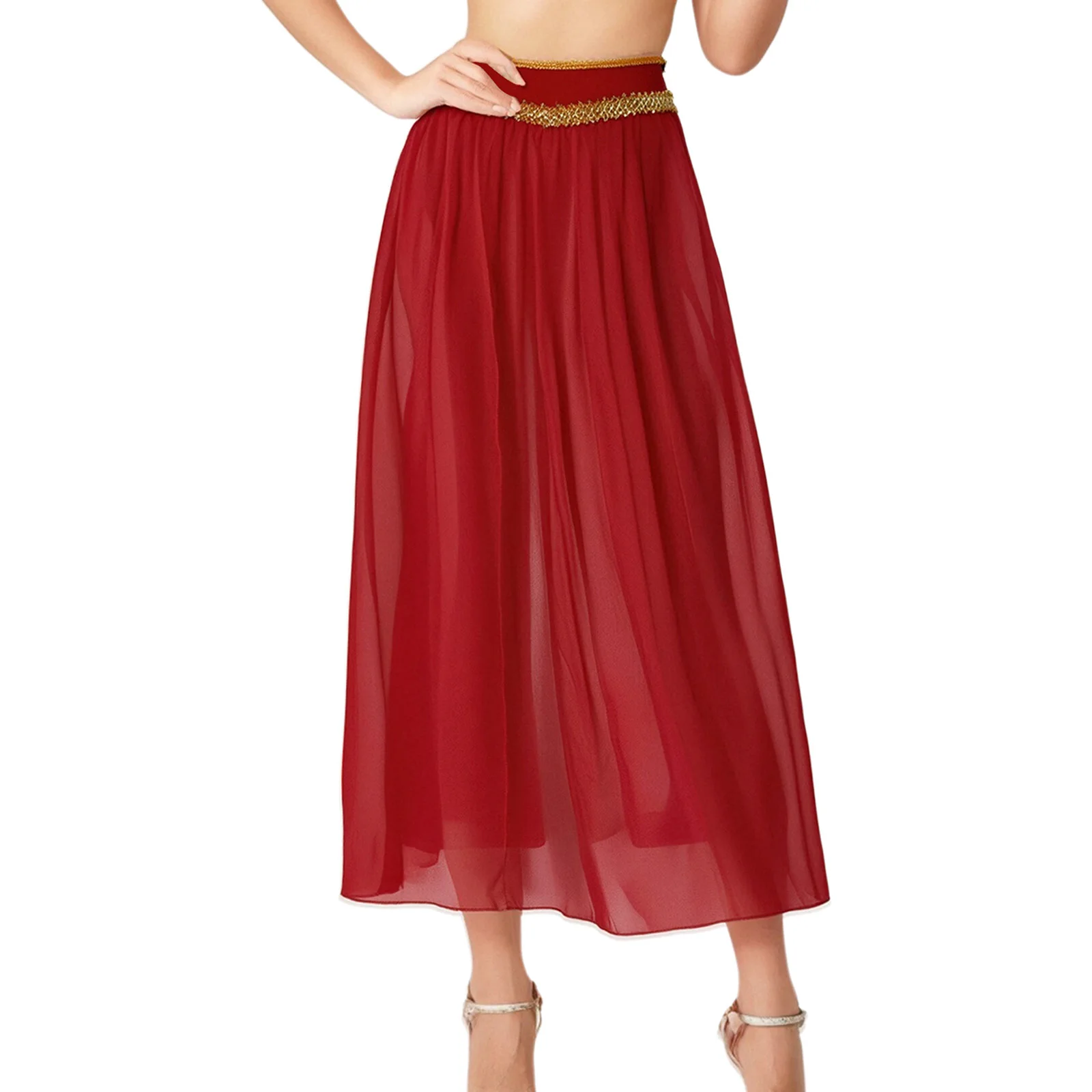 

Women Belly Ballet Dance Skirt Gold Trim Built-in Briefs Slit Chiffon Skirt for Arab Princess Cosplay India Belly Dance Skirts