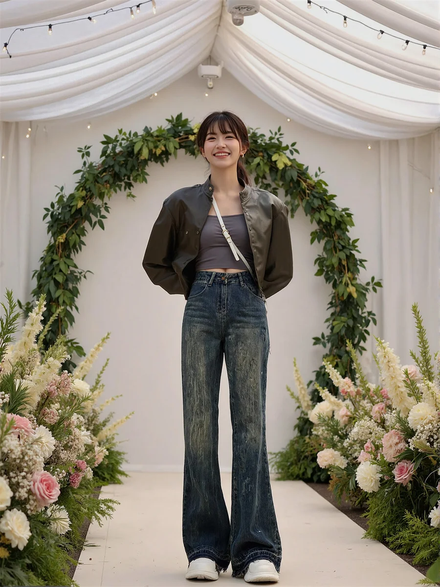 

Расклешенные потертые джинсы, женские джинсовые брюки 2025 года, женская одежда, осенняя облегающая полые джинсы, минималистичная социальная рабочая одежда, удобная высококачественная одежда