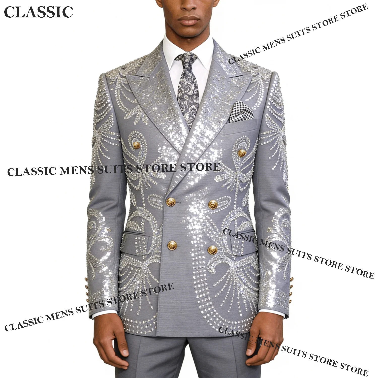 

Glitter Tuxedos Men Suits Diamond Decoration Customized Luxury Peaked Lapel Groom 2 Pieces Set Wedding Male Prom Blazers suits