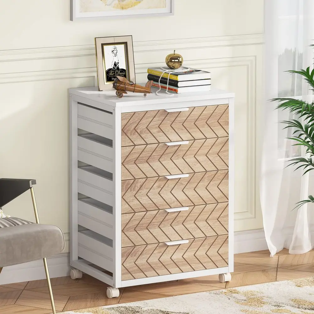 

5 Drawer Chest, Wood Storage Dresser Cabinet with Wheels, Industrial Storage Drawer Organizer Cart for Office Bedroom Entryway