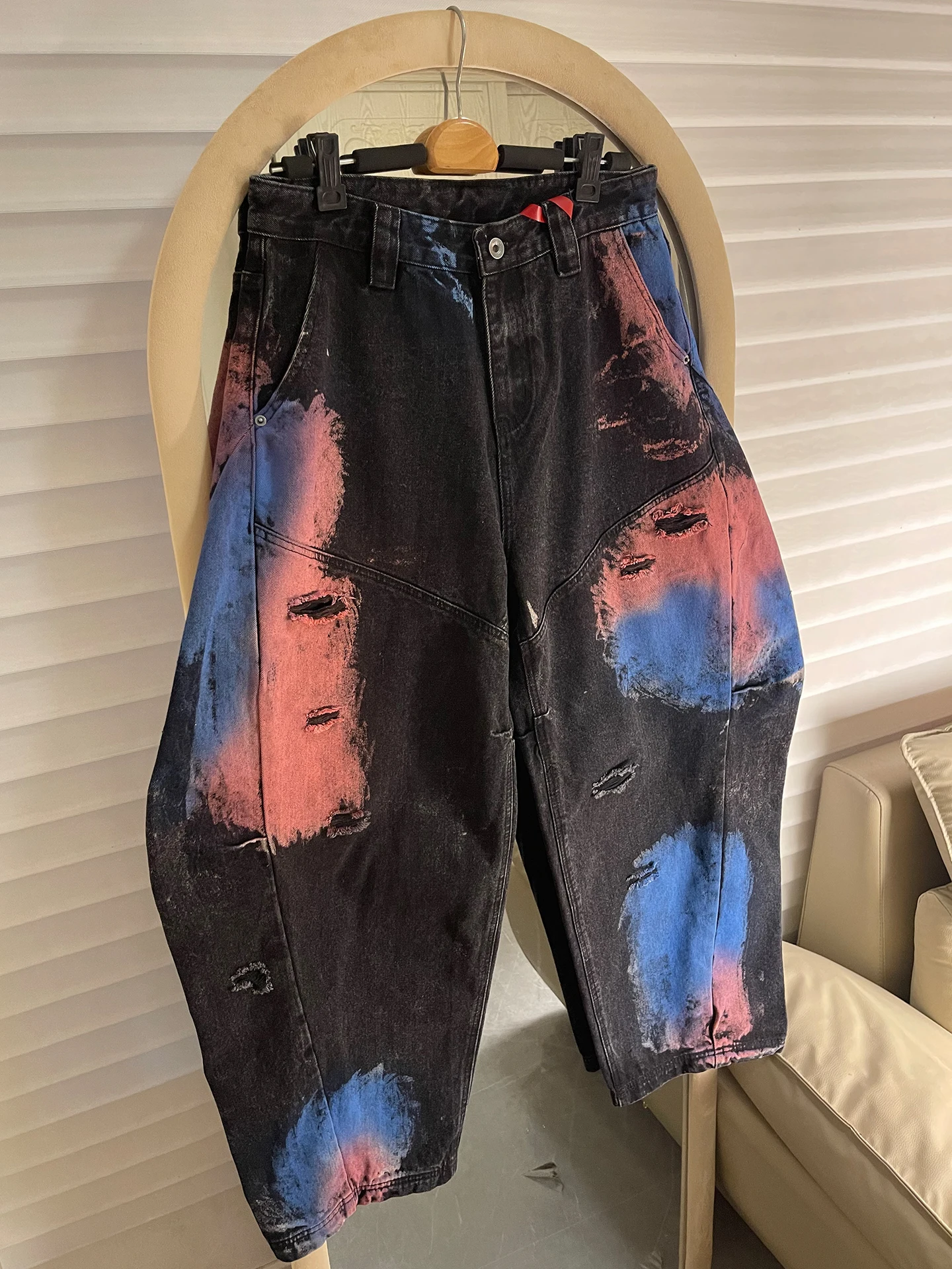 

Parisian Sle American fiti Painted Hole Knife Denim Jeans Loose Casual High Street Hip Hop Wide Leg Pants