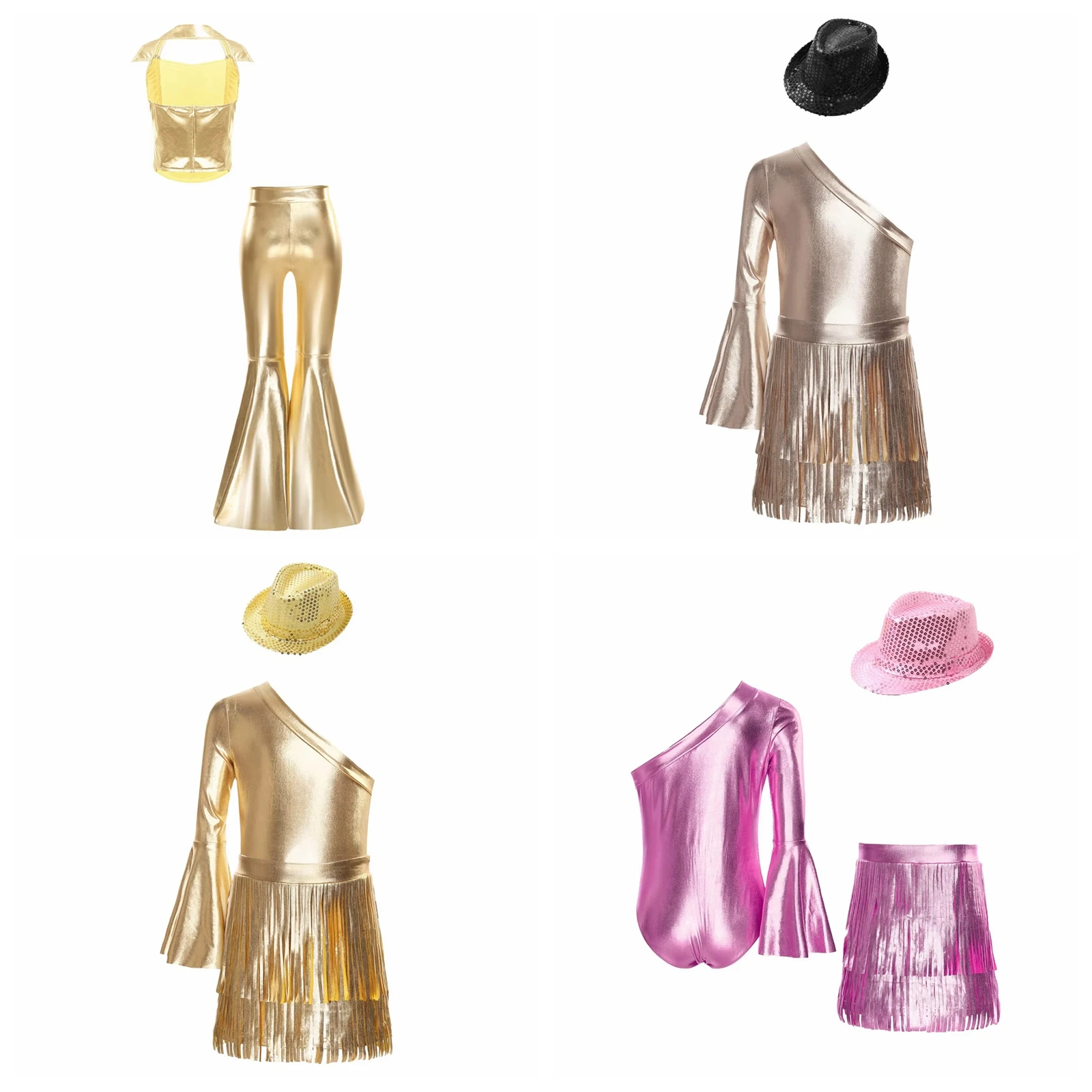 Kids Girls 70s 80s Disco Costume Jazz Hippie Dance Outfit Metallic Glossy Jumpsuit Bodysuit with Fringed Skirt Sparkly Dancewear