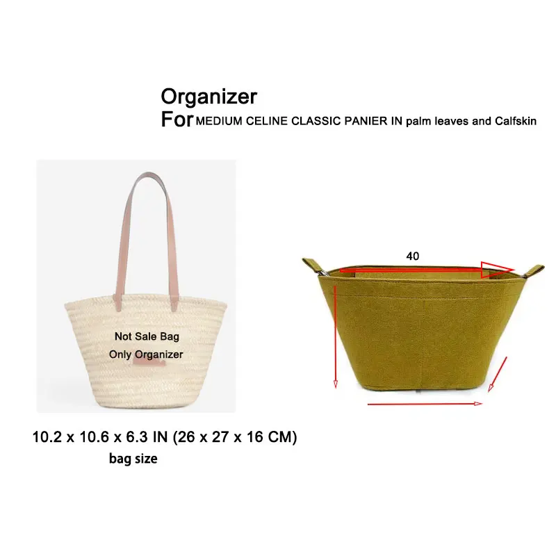 Top Zipper Lid Trapezoid Liner,Bag Insert Organizer For MEDIUM CLASSIC PANIER IN PALM LEAVES AND CALFSKIN TAN 26x27x16cm
