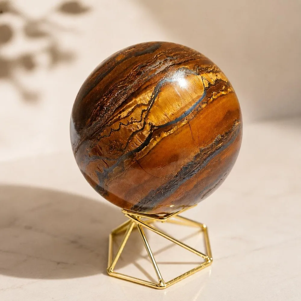 Natural Iron Tiger Eye Crystal Sphere for Holiday Gifts Healing Gemstone Ball Protection & Grounding Decor Gift with Base