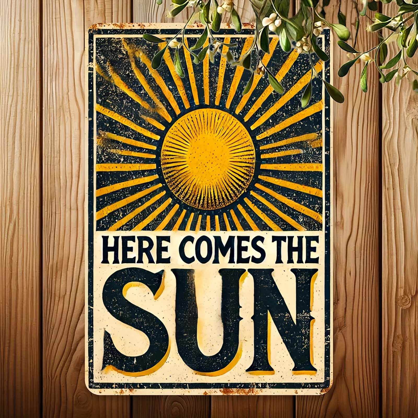 2D Flat 1pc Vintage HERE COMES THE SUN Metal Wall Sign 20.32X30.48 cm Rustic Iron Outdoor Decor with Bold Yellow Lettering Sunbu