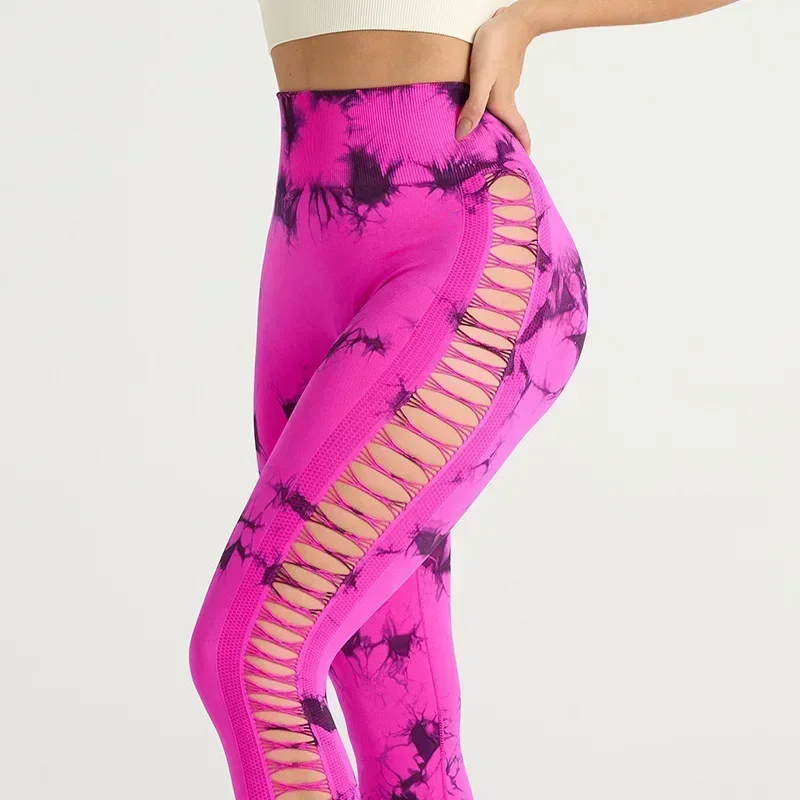 Calções de yoga confortáveis calças de cintura alta das mulheres tie dye oco para fora com malha lateral sexy sem costura leggings de fitness para treinos esportivos