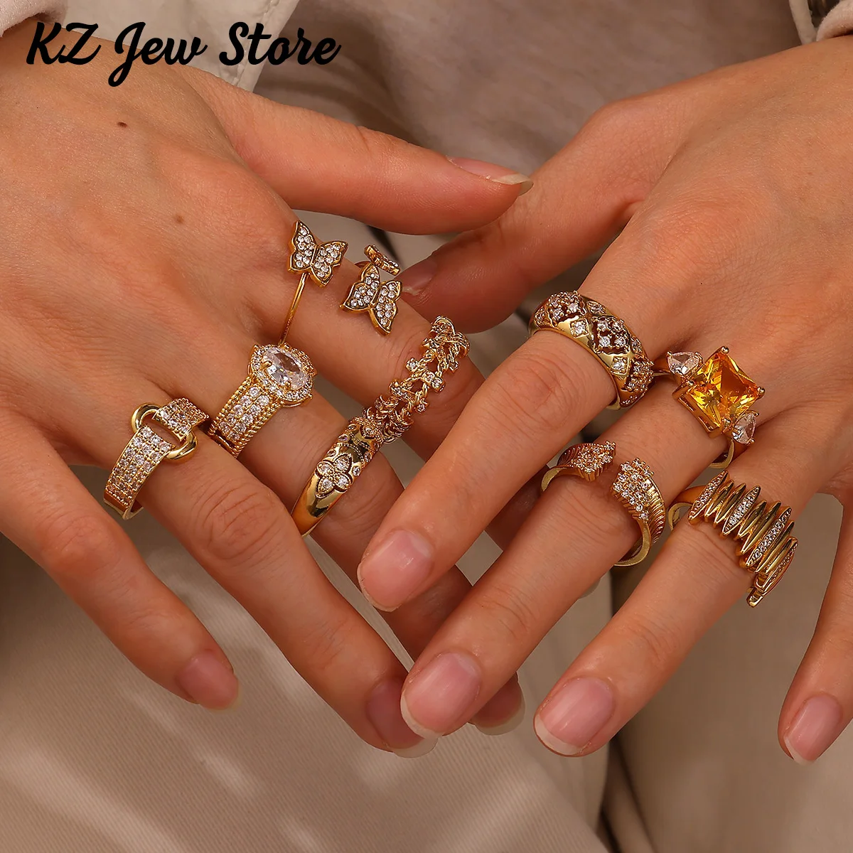 

Zircon Luxuy Rings Anillos For Women Elegant Gold Color Rhinestone Geometric Butterfly Ring Waterproof Party Jewelry Her Gift