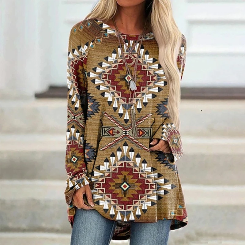 Aztec Ethnic Style Wolf T Shirts Geometry 3D Print Women Long Sleeve T-shirt Oversized Streetwear Woman Tunic Tees Tops Clothing