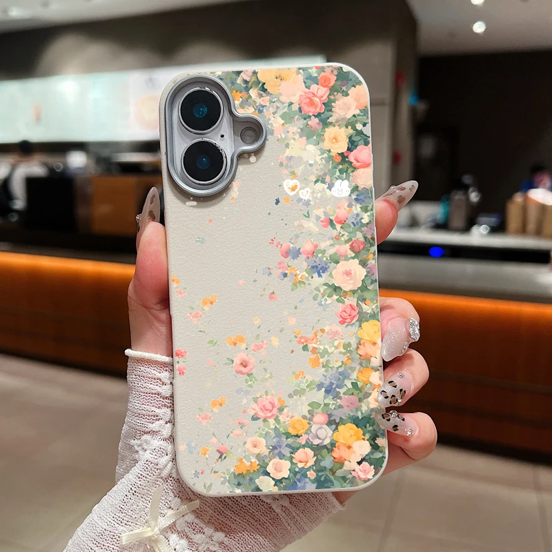 Small Garden Flowers Case  For iPhone 16 Pro Max Coque iPhone 11 12 13 14 15 Pro Max SE Luxury Leather Texture Silicone Cover