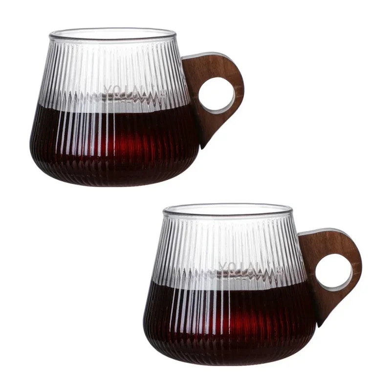 

2pcs Classic Retro 200-450ml Retro Coffee Cup Set Walnut Wooden Handle Vertical Pattern Multipurpose Mug Drinkware Gift