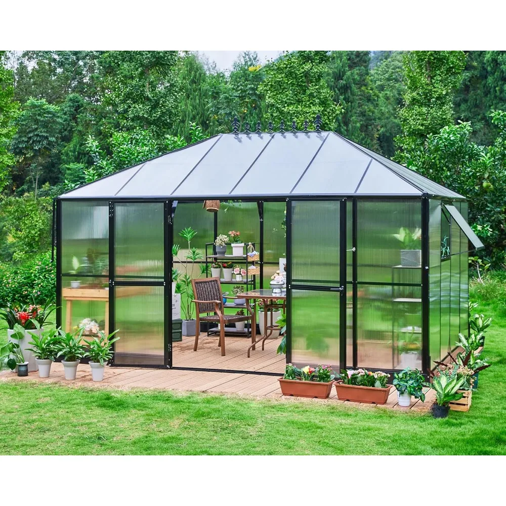 14x9.5x9 FT Polycarbonate Greenhouse-Outdoor Aluminum Greenhouse with Quick Connect Fittings, 6 FT Height Double Doors with Hook