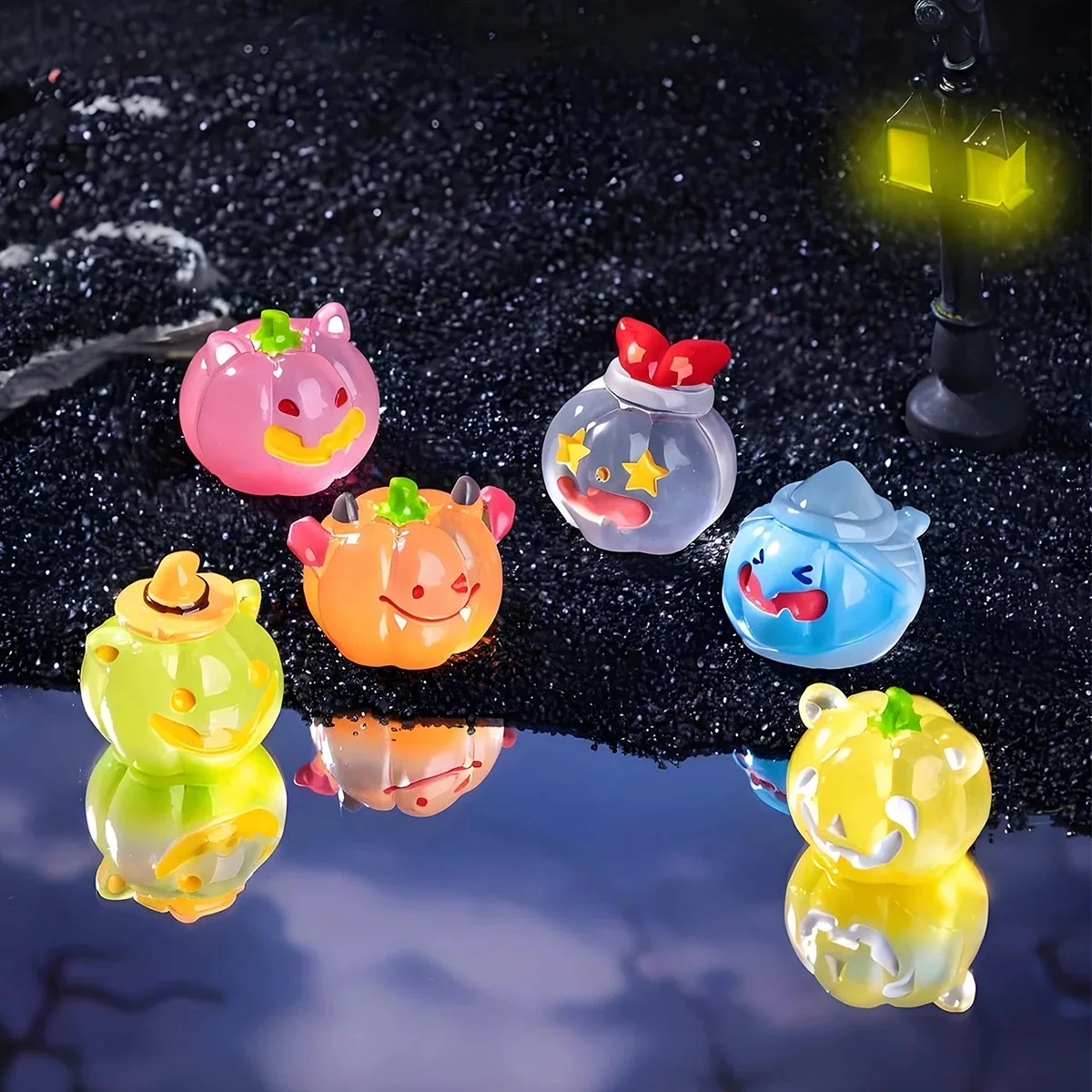 6pcs Luminous Mini Resin Pumpkins Glow in The Dark Colorful Halloween Pumpkin Figures for Halloween Party Gift
