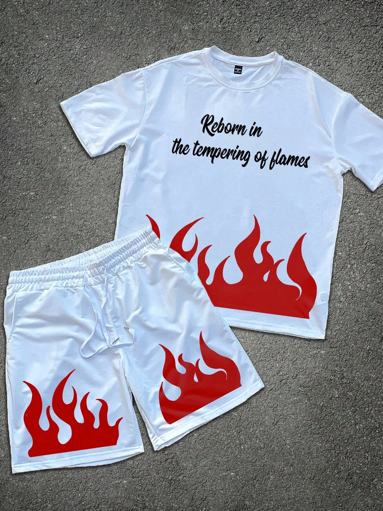 

2026 Summer New Men's Short-Sleeved Shorts Set with 3D Flame Pattern Print for Street Casual Fashion Comfortable and Soft