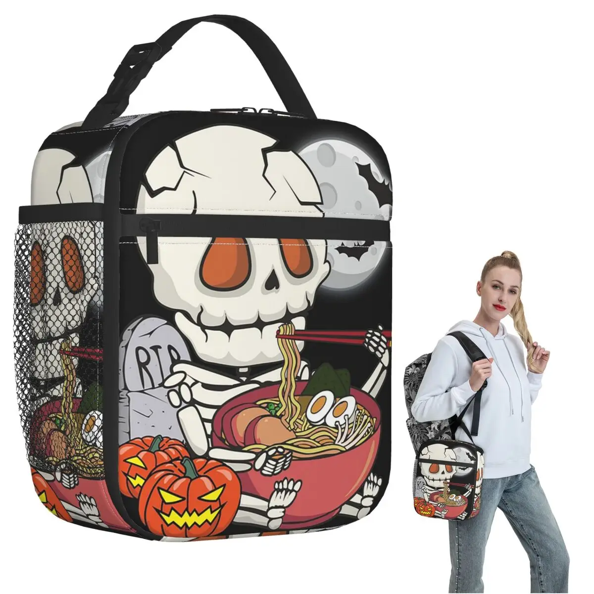 

Термосумка для обедов с мультяшным скелетом, едящим рамен, на Хэллоуин, для женщин и детей, портативный термоконтейнер для еды, сумка-тоут