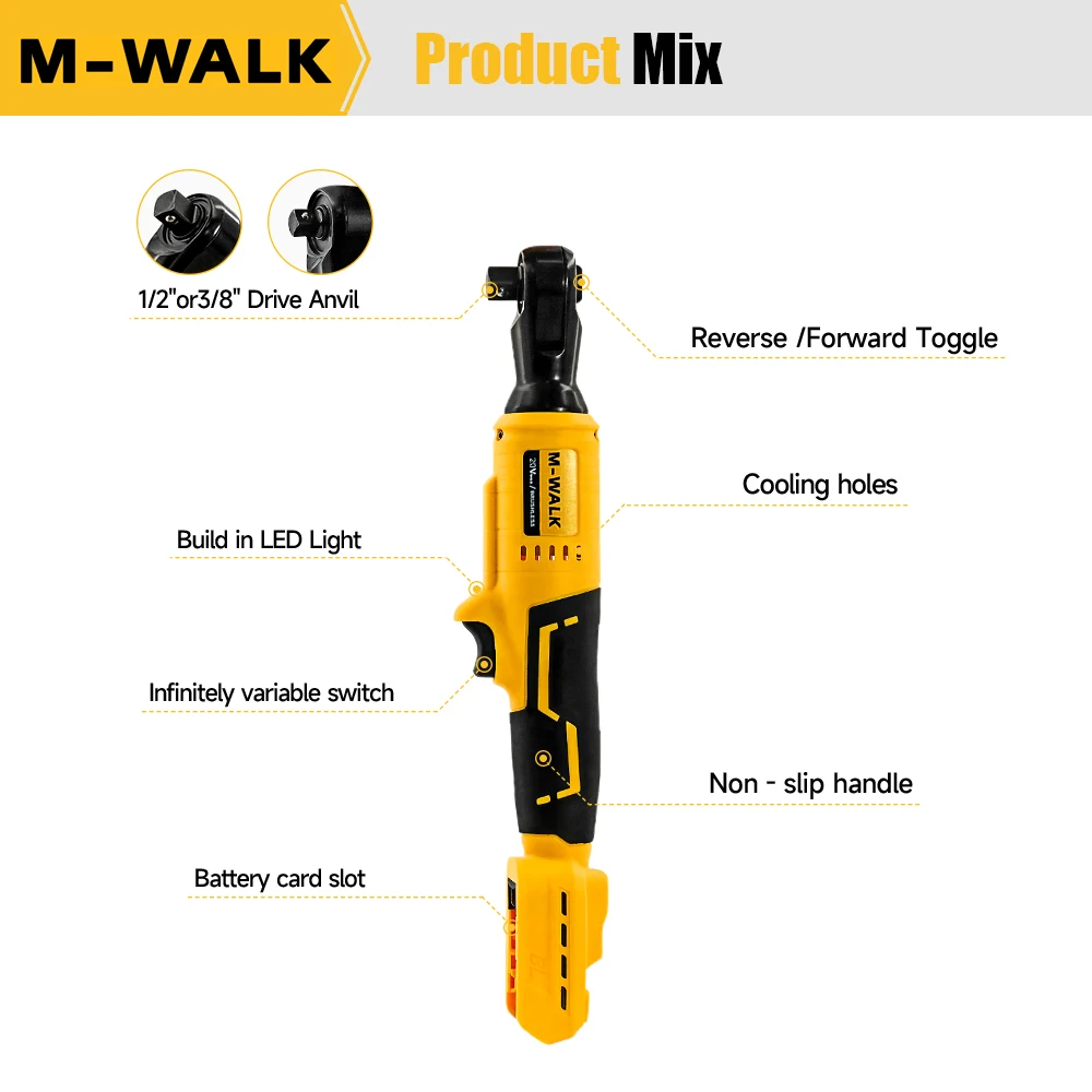M-WALK 1/2 Inch Brushless Electric Ratchet Wrench 3/8 Inch Cordless Variable Speed Impact Driver Tool For Dewalt 20V Battery Pin image 6