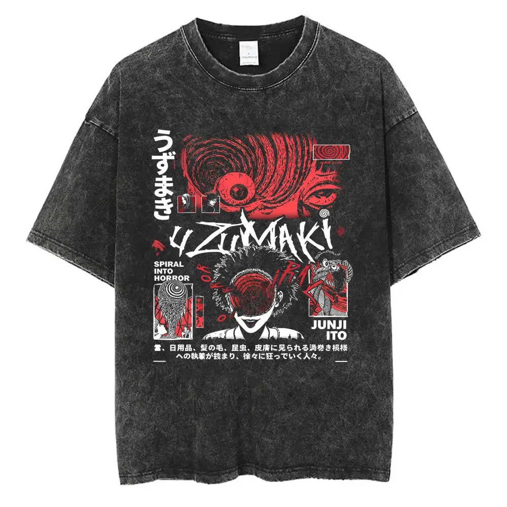 Horror Anime Junji Ito Uzumaki Vintage Washed T-shirt Men Women Retro Manga T Shirts Unisex Casual Cotton Short Sleeve T-shirts