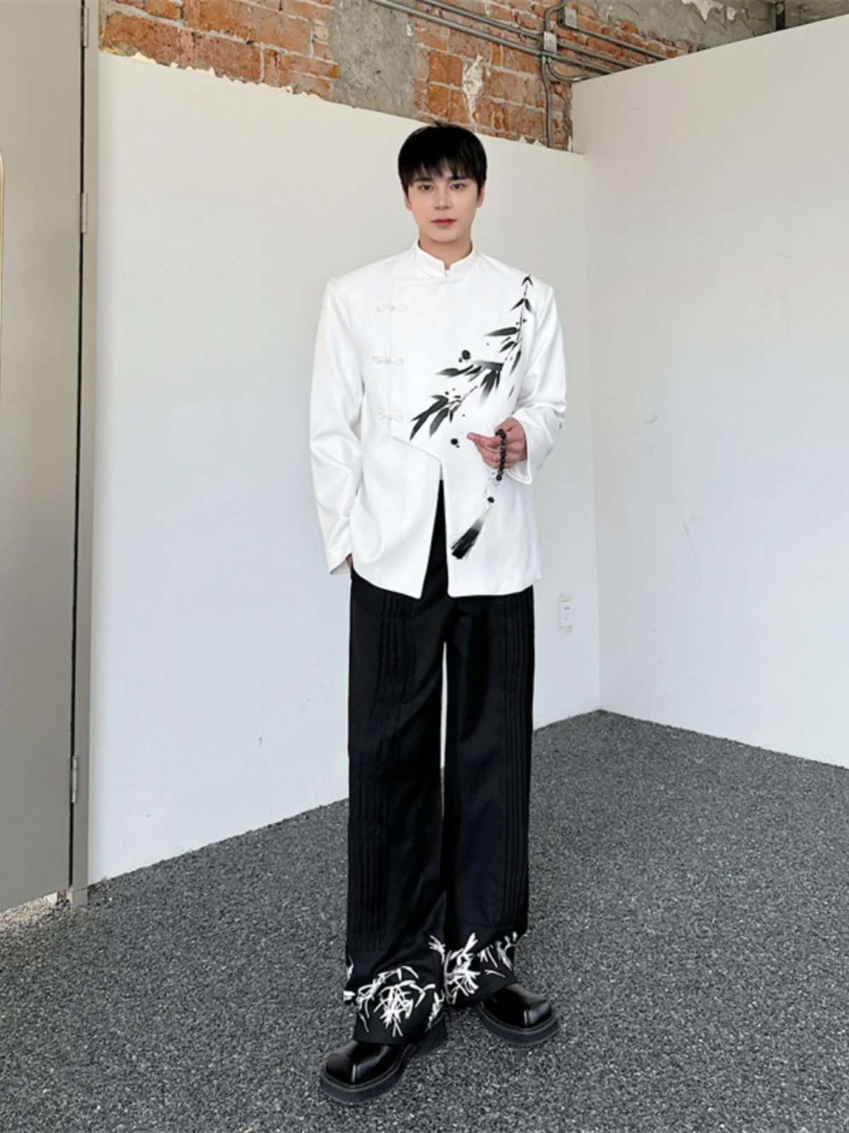 

New Spring Chinese Sle Printed Bamboo Men's Jaet Stand Collar Western Suit Vintage Buttoned Zhongan Coat High End Feel