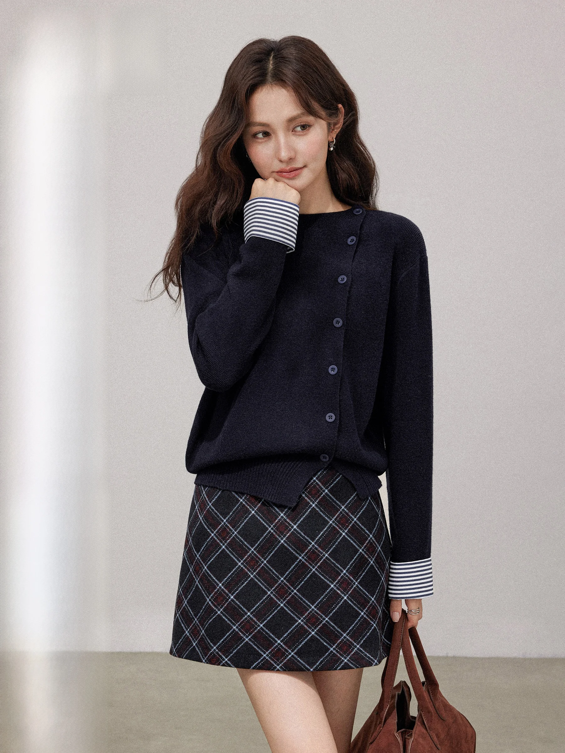 

Blue Striped Patchwork Knitted Open Cardigan Women's Autumn Irregular Design Casual Loose Fit Long Sve round Ne Top