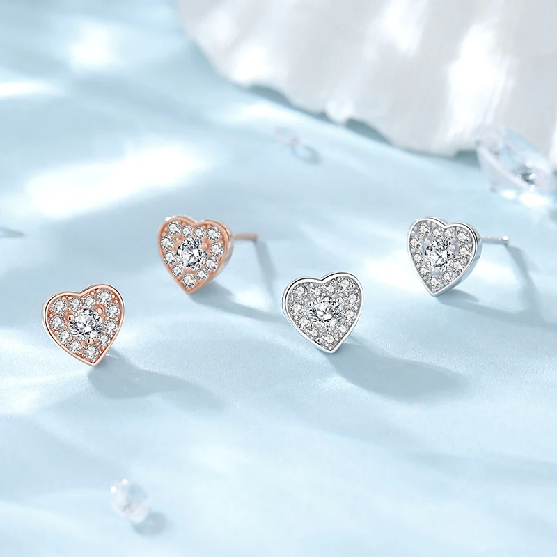 925 Silver Love Earrings For Women Full Diamond Mini Heart Japanese & Korean Style Light Luxury Design Fine Jewelry Party Gift