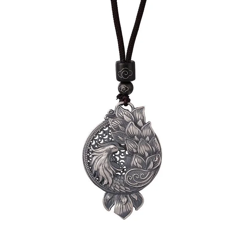 Ethnic Style Thai Silver 925 Vintage Hollow Out Pendant Hanging Long Classic Phoenix Necklace Clavicle Chain Banquet Jewelry