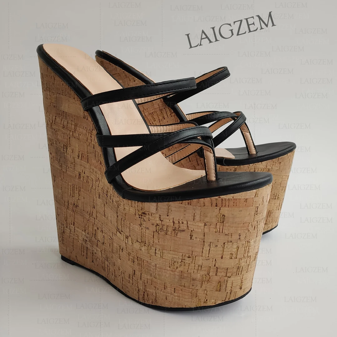 

LAIGZEM Women Sandals Platform Wedges Flip Flop 22CM High Heels Pumps Faux Leather Cork Print Shoes Woman Big Size 41 44 46 48