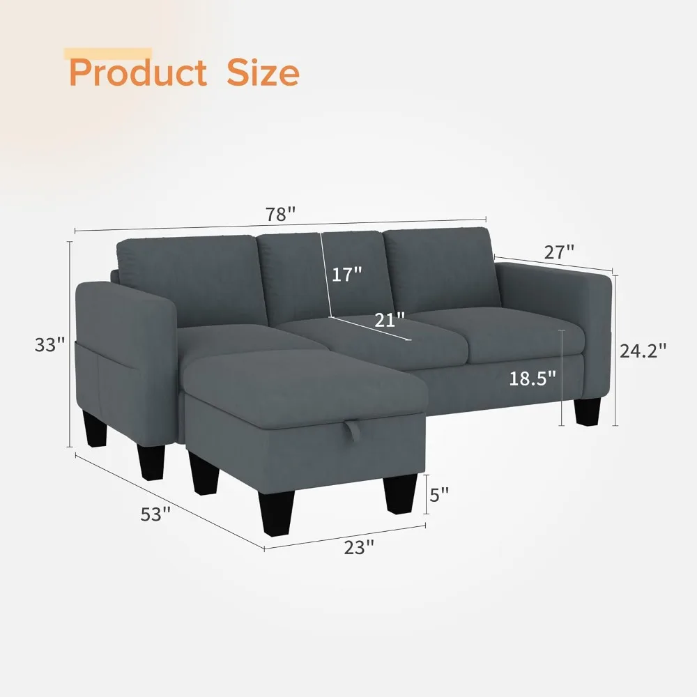 Convertible Sectional Sofa Couch,Classic 3 Seat L-Shaped Sofa with Movable Ottoman, Modern Dark Grey Velvet Fabric Upholstered