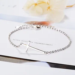 S925 Silver Plated Simple Cross Charm Bracelet&Bangle For Women Elegant Party Jewelry Gift sl349