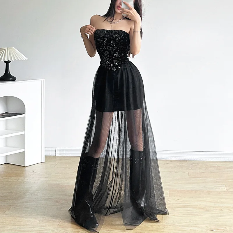 Vestido de tule plissado feminino, envoltório no peito, elegante e misterioso, bonito e maduro, sexy e charmoso, festa de irmãs, preto, inverno, 2022