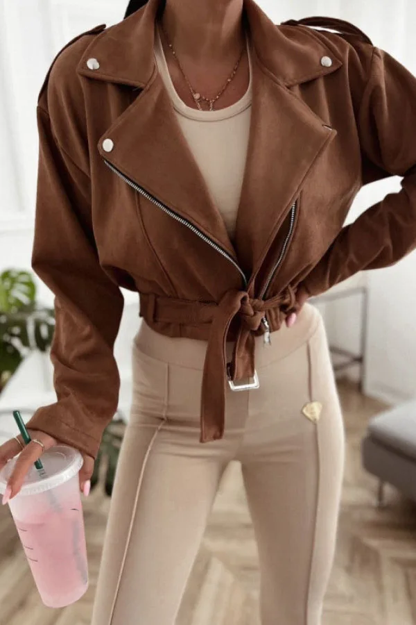 

Осенняя новая короткая куртка, модная однотонная замшевая куртка с лацканами и длинными рукавами на молнии, элегантная женская одежда для поездок на работу