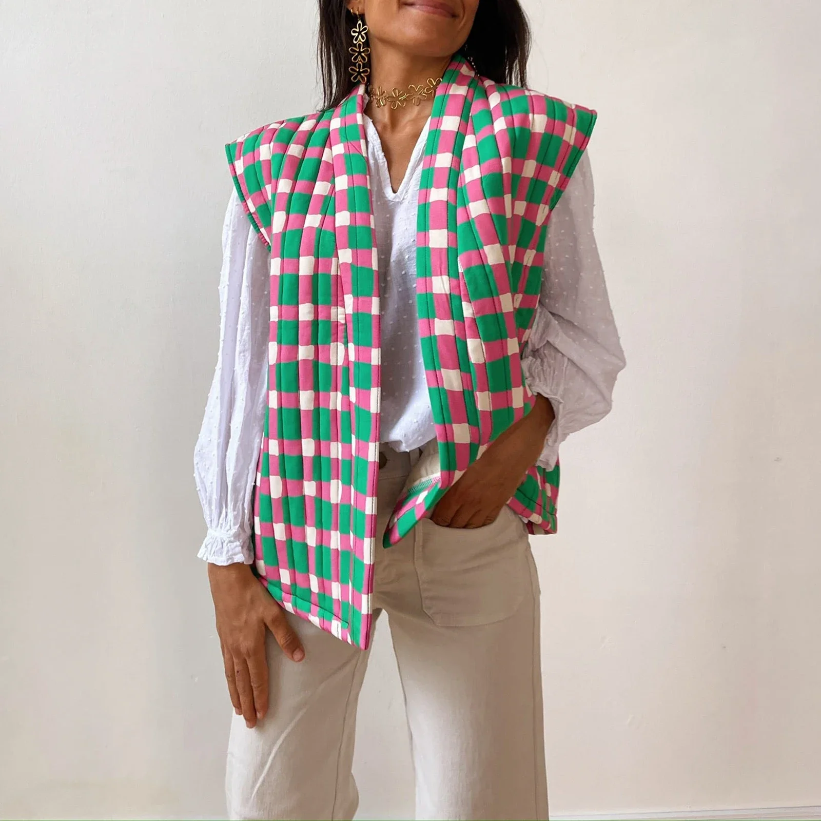 Женский теплый пуховик с модным принтом, кардиган без рукавов с открытой передней частью, стеганое пальто, осенняя верхняя одежда