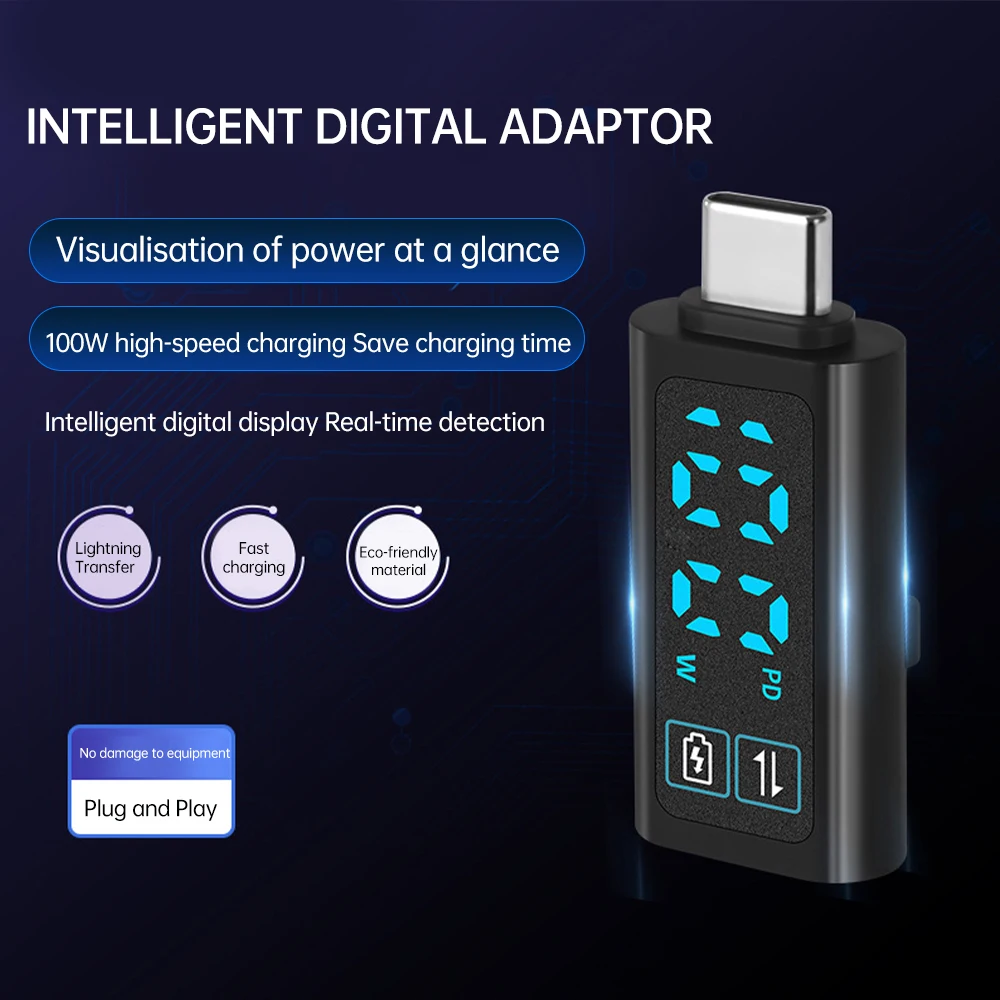 PD100W Fast Charging Adapter Intelligent Digital Display Voltage Ammeter Power Meter Type-C to Type-C Phone Charging Tester